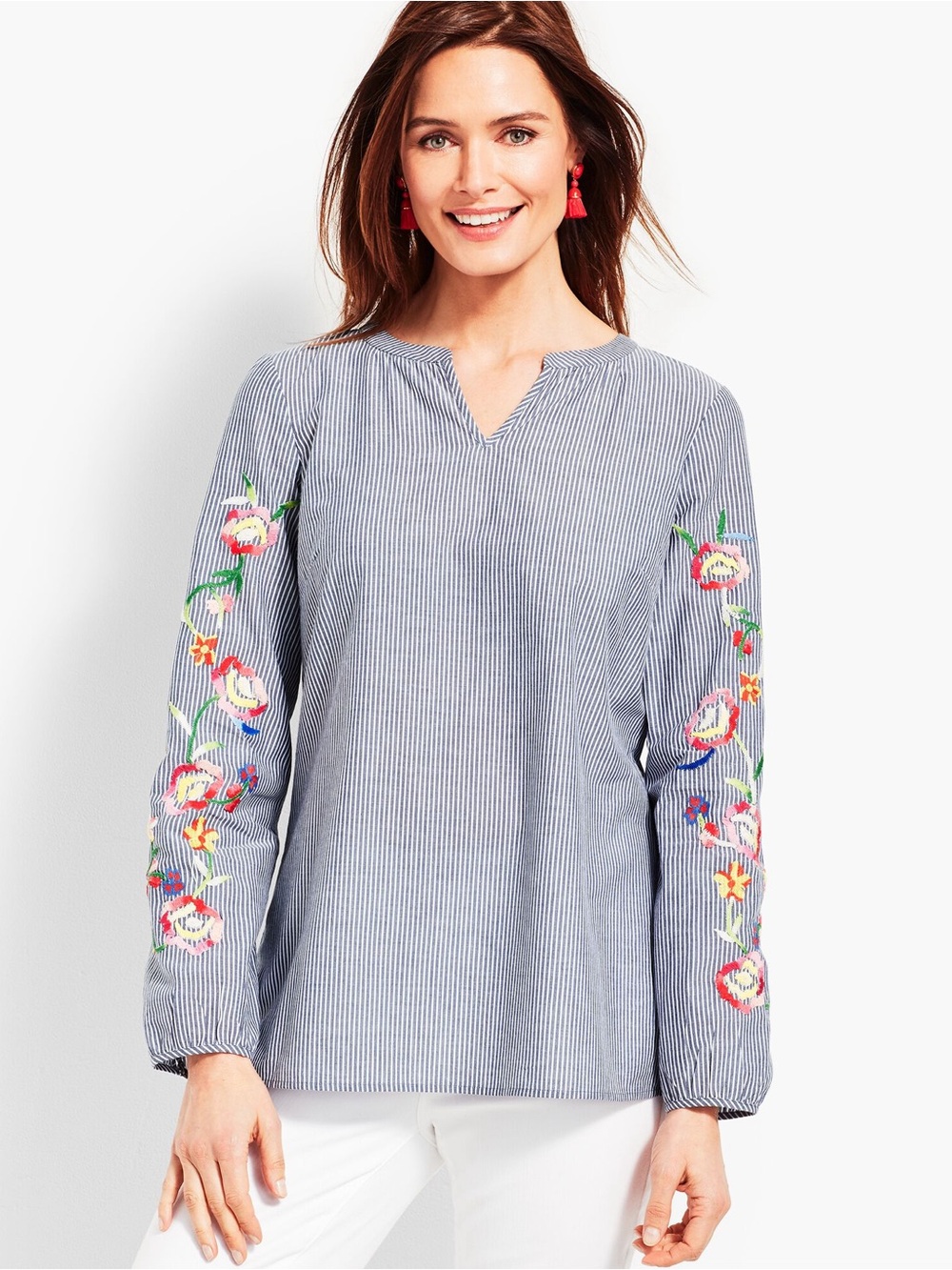 Talbots Blue and White Striped Floral Embroidered Sleeve Popover Blouse XL